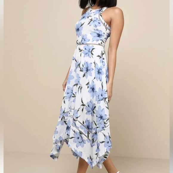 Lulus Zahara Blue and White Romantic Floral  Cotton Midi Dress XL Beach vacay - Picture 2 of 7